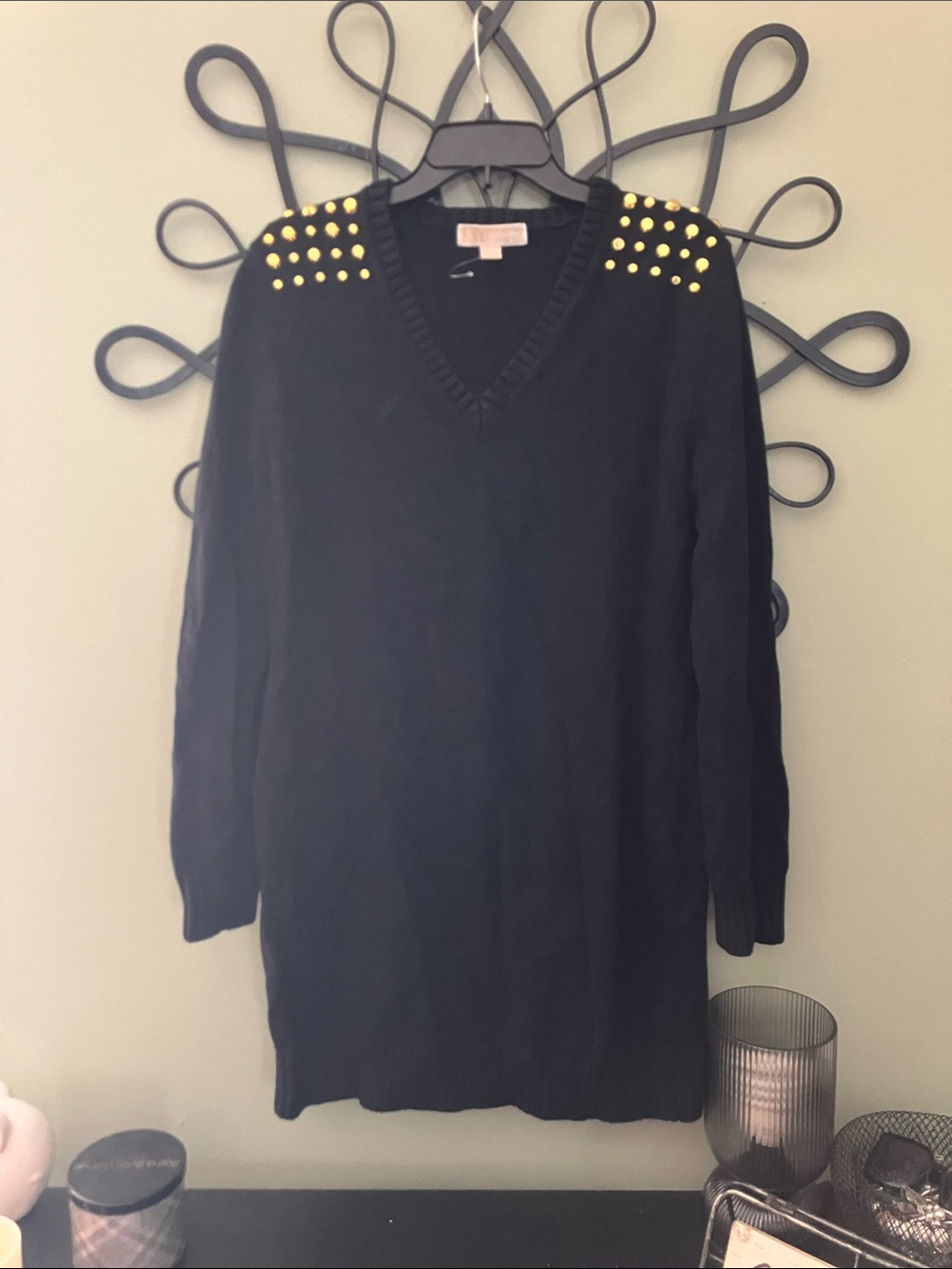 Michael Kors Black Midi Sweater Dress with Gold Stud Shoulders